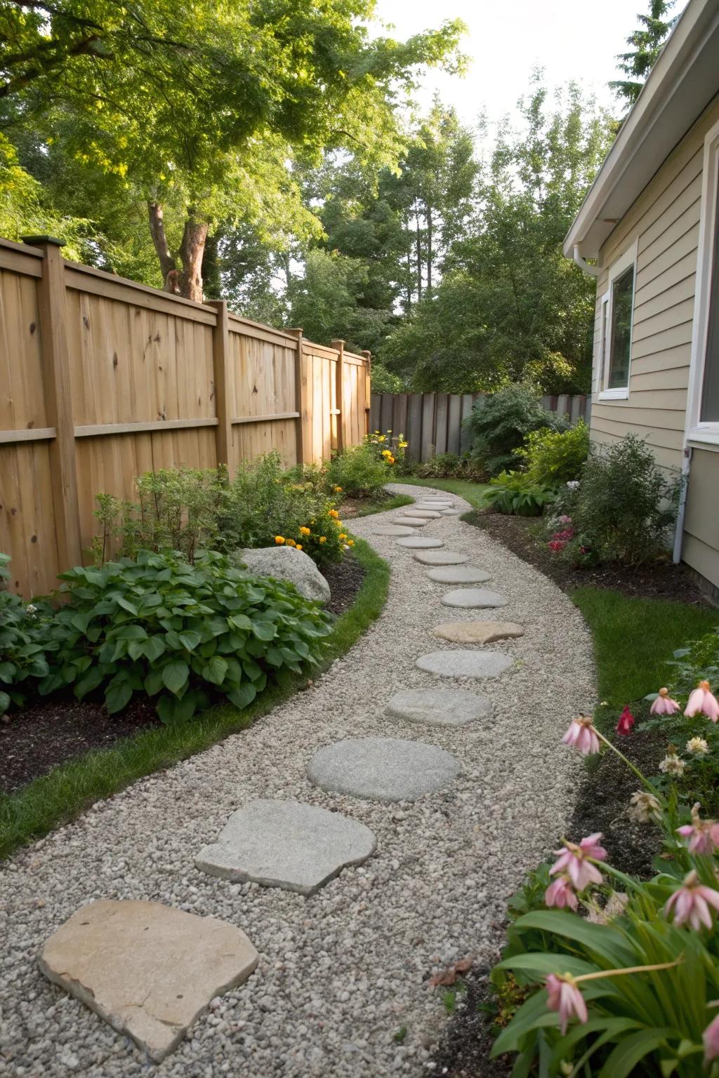 A crushed stone path that aids in controlling water runoff in the yard.