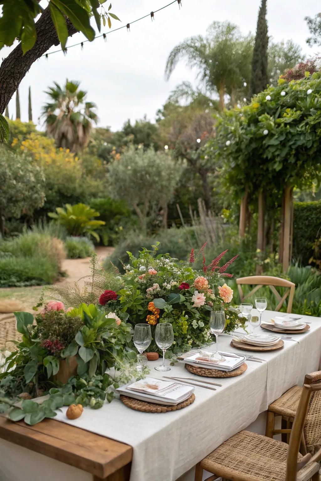 Floral arrangements echo the inherent splendor of the encircling garden.