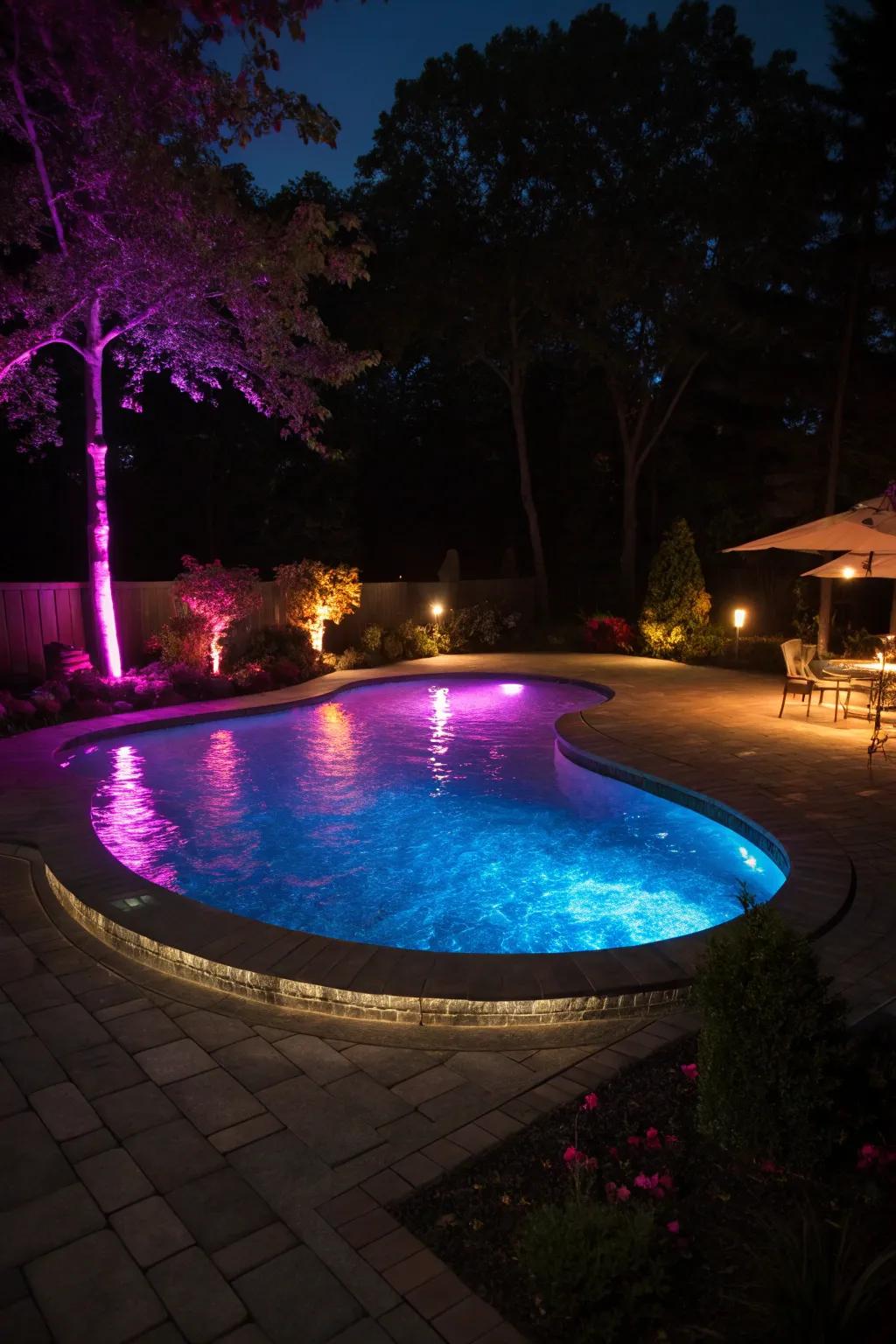 LED fixtures craft a magical twilight ambiance surrounding the pool.