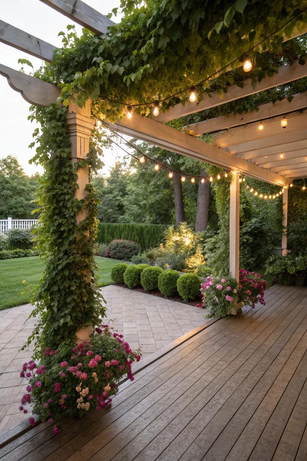 An alluring pergola contributes charm and shade to a veranda.