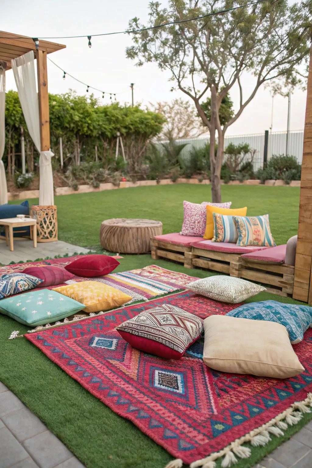 Vibrant carpets and cushions add warmth and style.