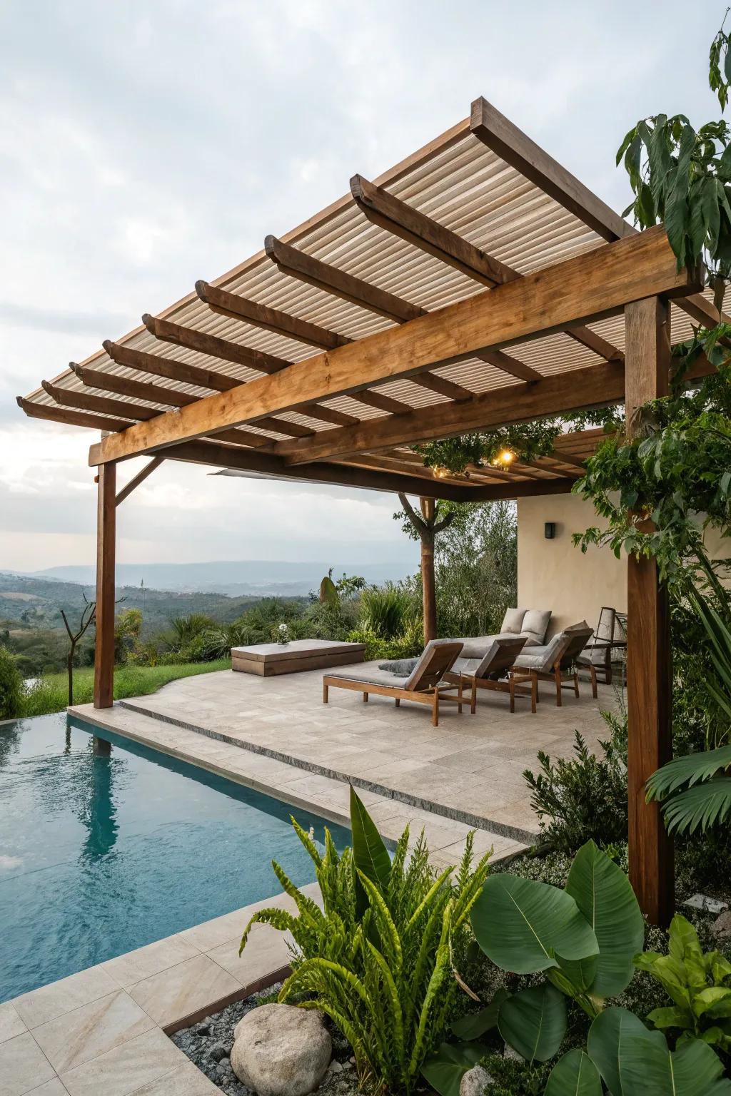 Pergola featuring a sturdy roof provides generous shelter and shade.