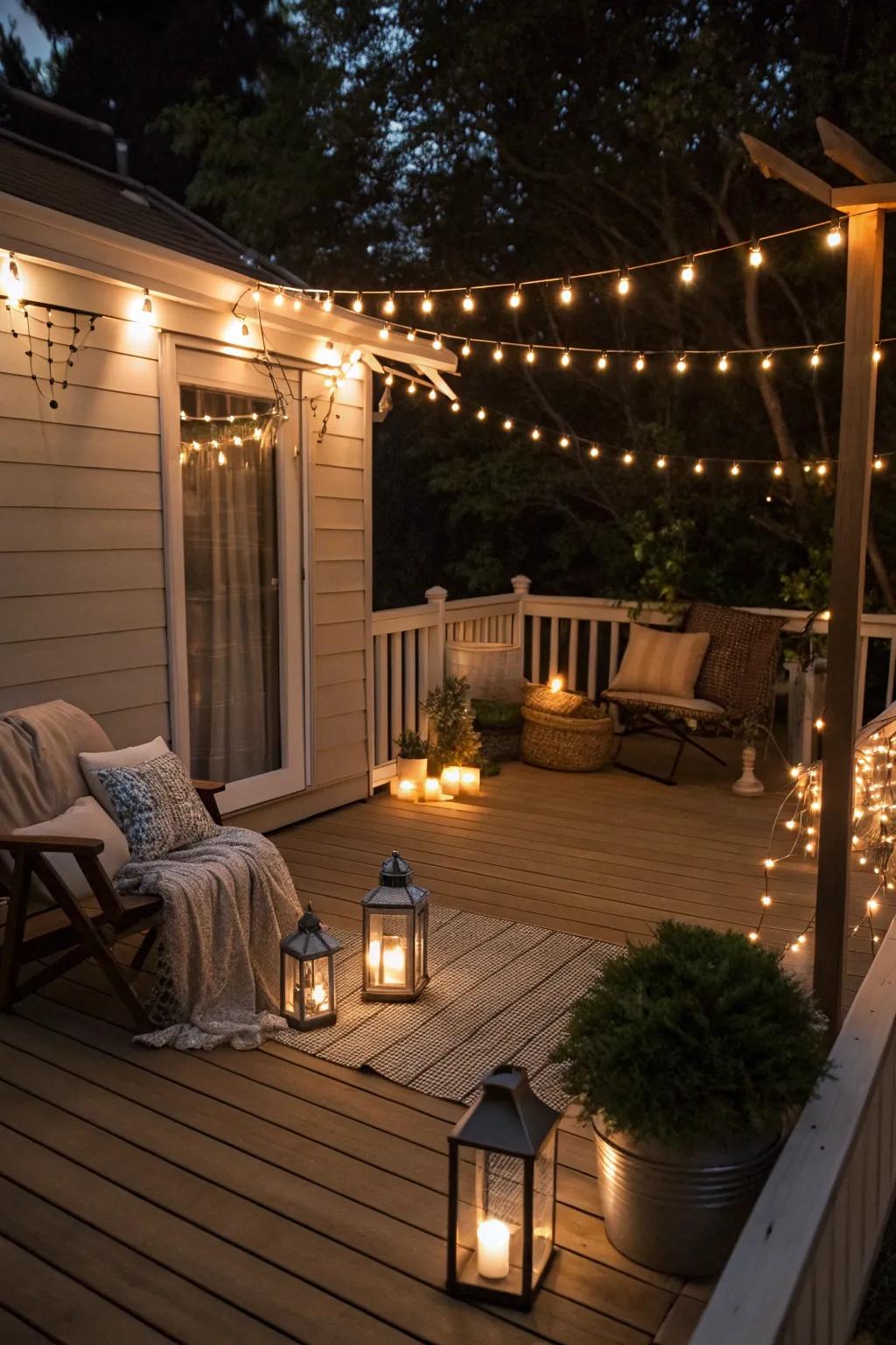 Atmospheric lighting transforms your deck into a nighttime oasis.