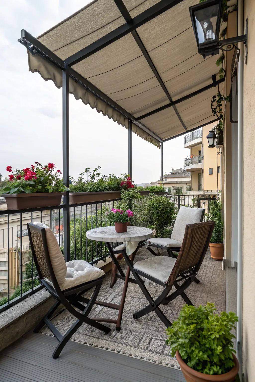 Inviting outdoor seating under a cool, shaded balcony area.