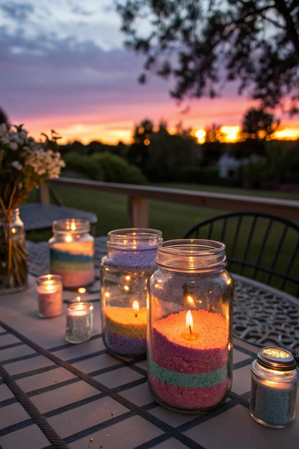 Custom candle vessels crafted from preserving containers generate an enchanting atmosphere.