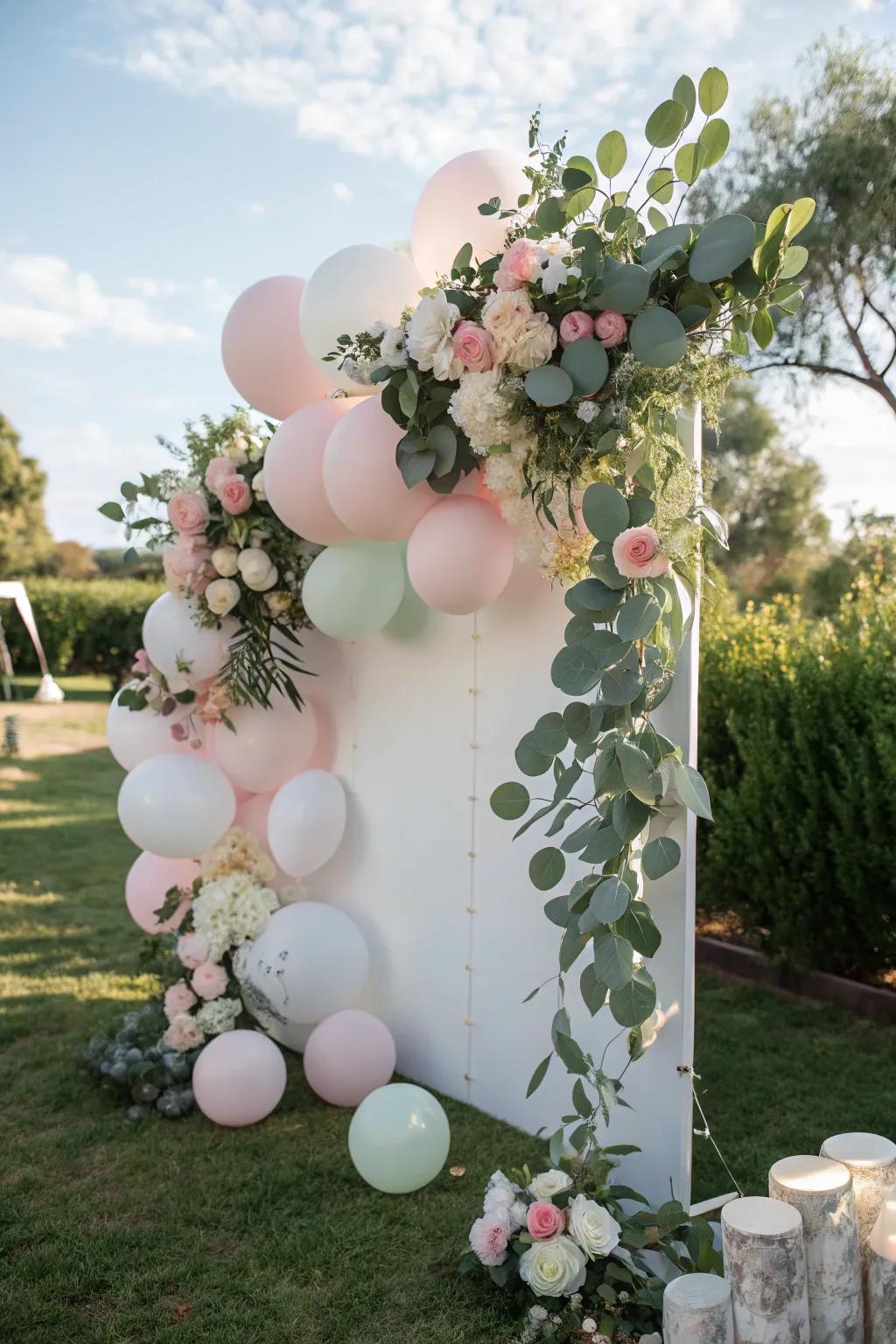 A vibrant, organic botanical balloon decor featuring branches.