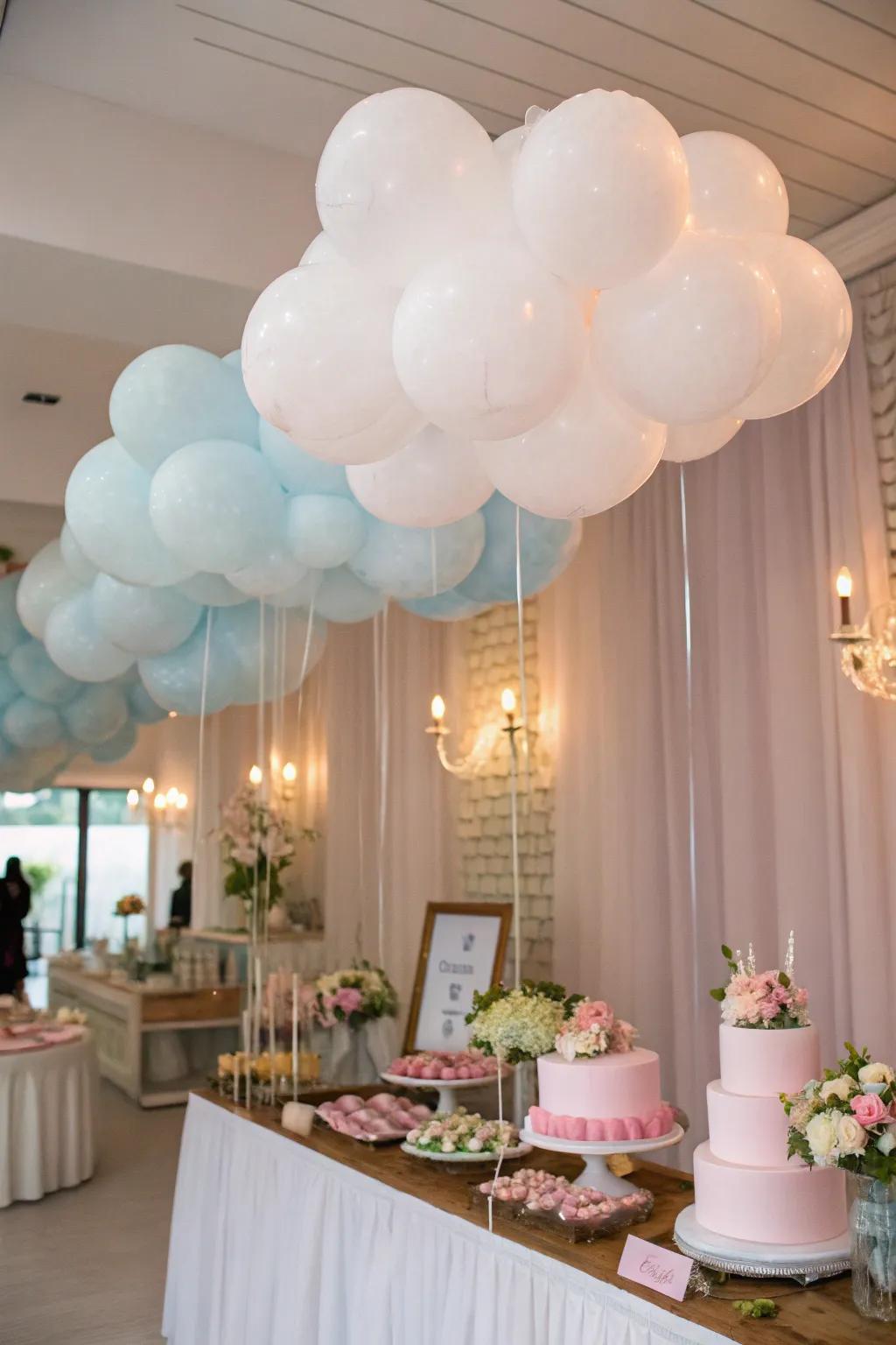Drifting fluffy form balloons establish a dreamy setting above the celebration.