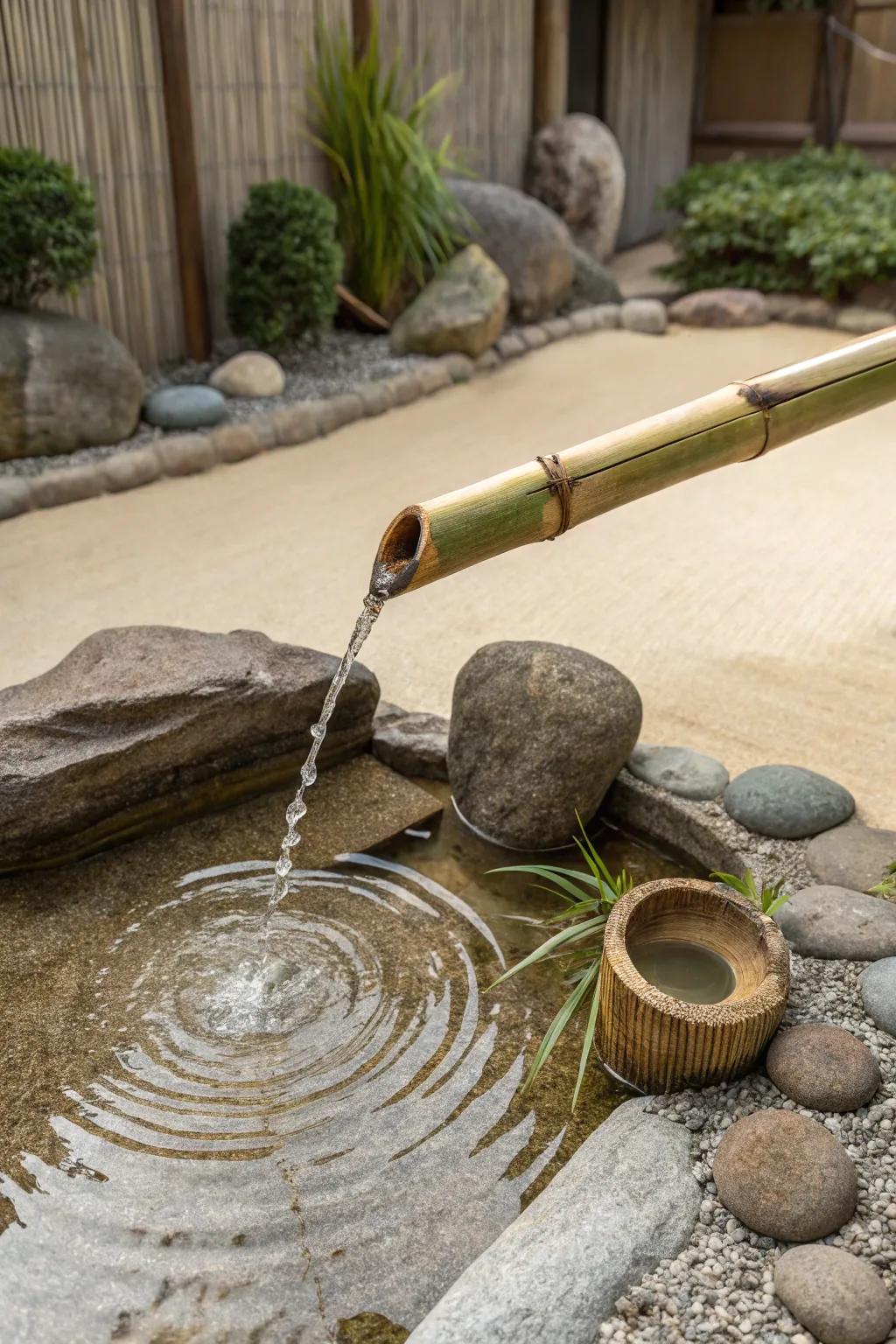 A peaceful Zen garden featuring a bamboo fountain.