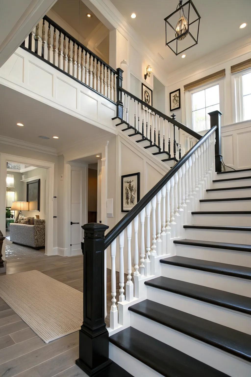 Bold and contemporary with a high-contrast banister palette.