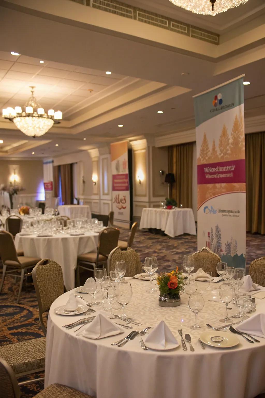 Banners inspired by professional occasions enhance the refinement of gatherings.