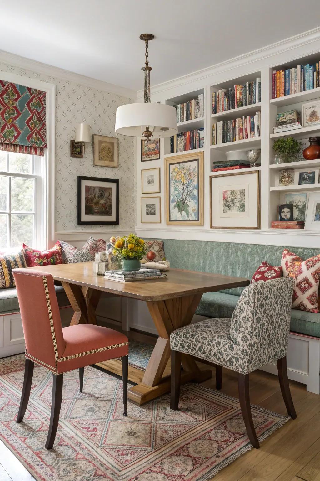 An eclectic dining area with a blend of banquette seating and unmatched chairs.