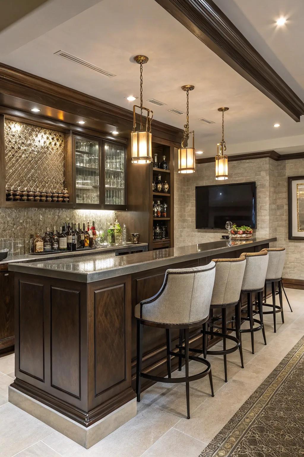 A luxury home bar with a shimmering feature backsplash and polished finishes.