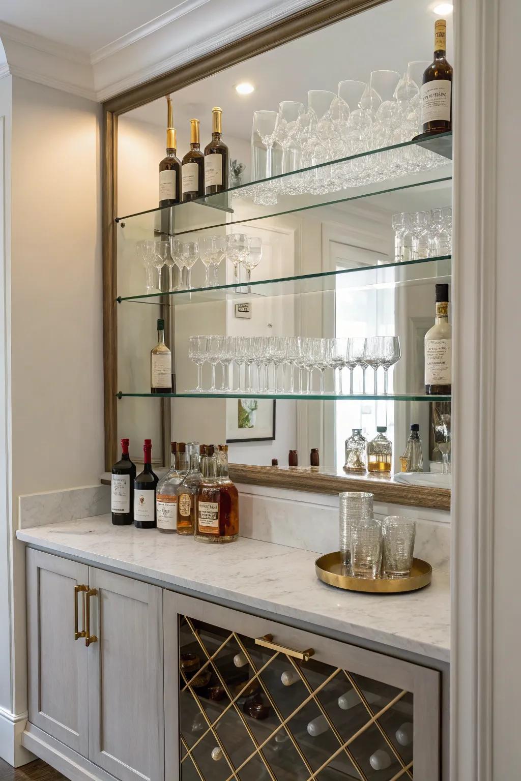Modern minimalism using mirrored shelving creates a neat, sophisticated home bar.