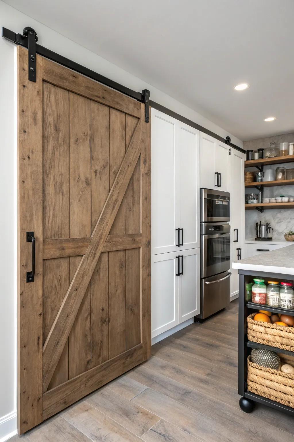 A kitchen featuring a sliding barn door pantry, accentuated with minimalist black hardware.