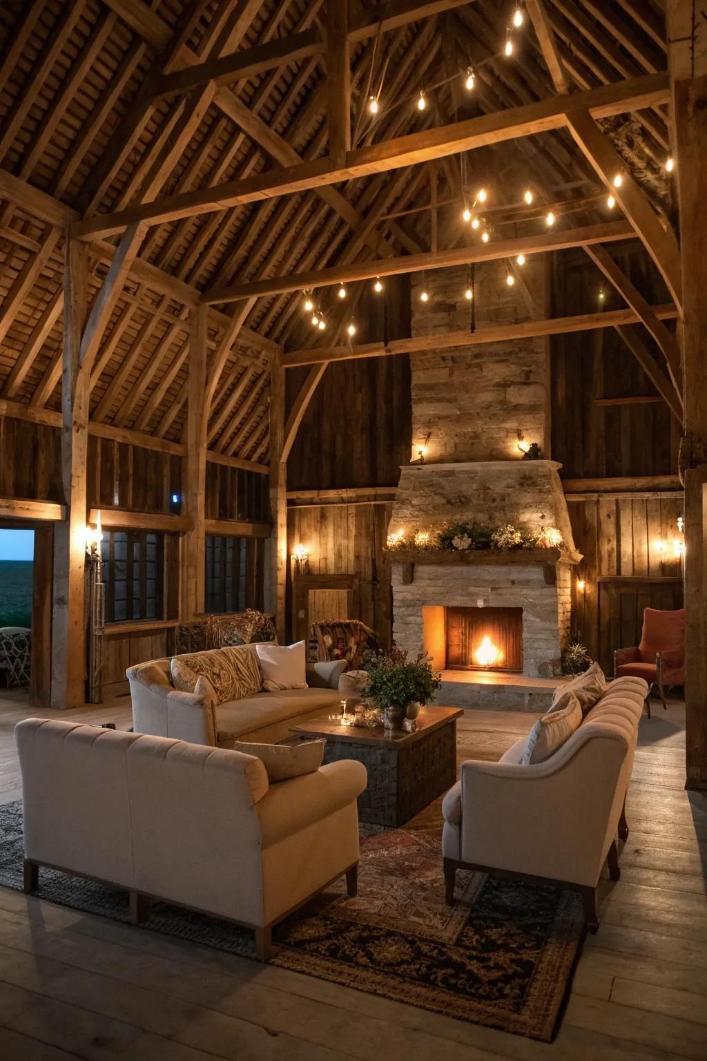 A comfortable barn loft social space featuring seating around a central hearth.