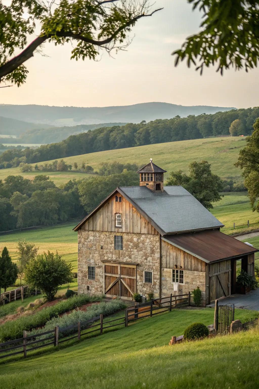 A barn showing off rock features that amp up its architectural class.