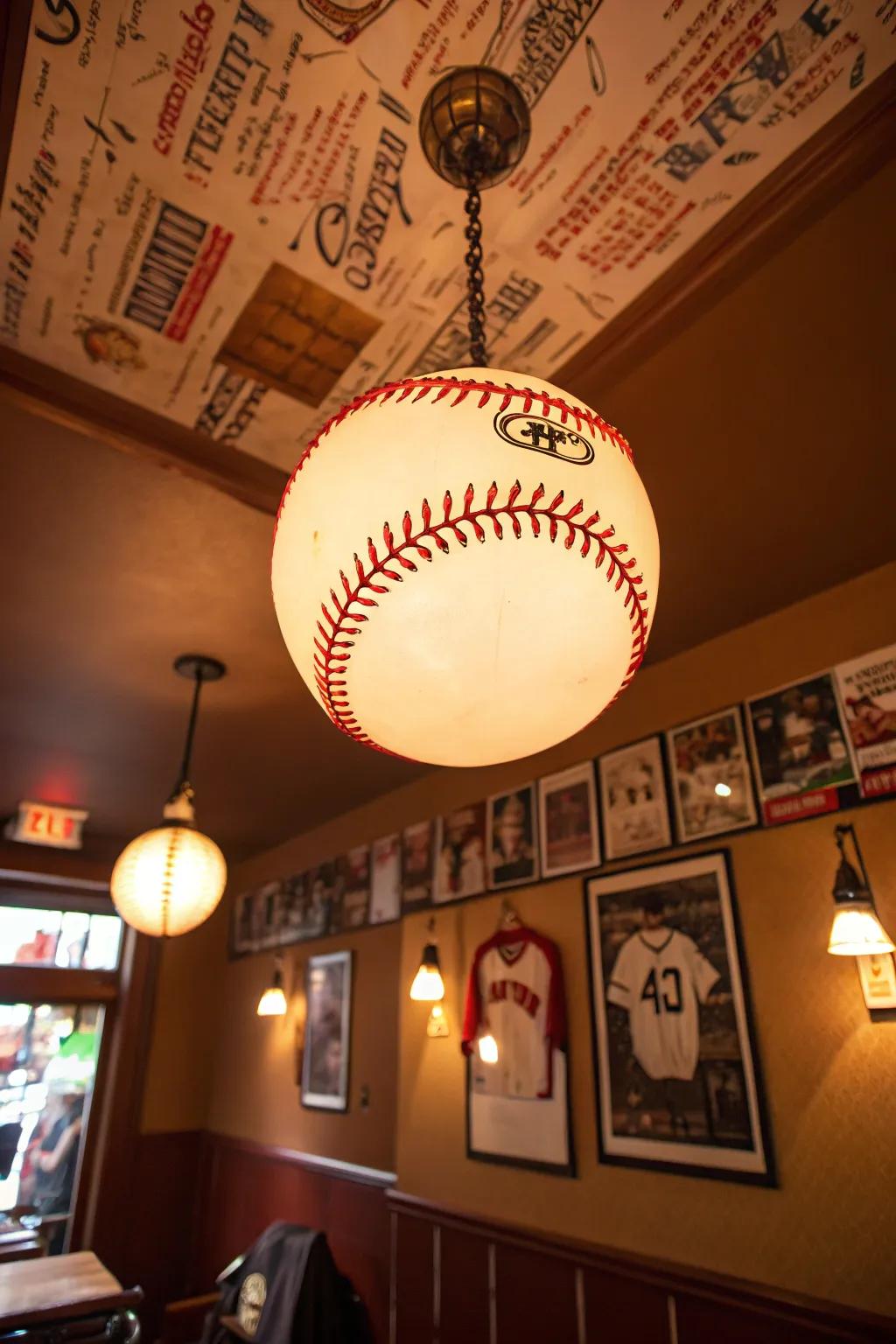 Baseball-inspired lighting fixtures enrich the space creatively.