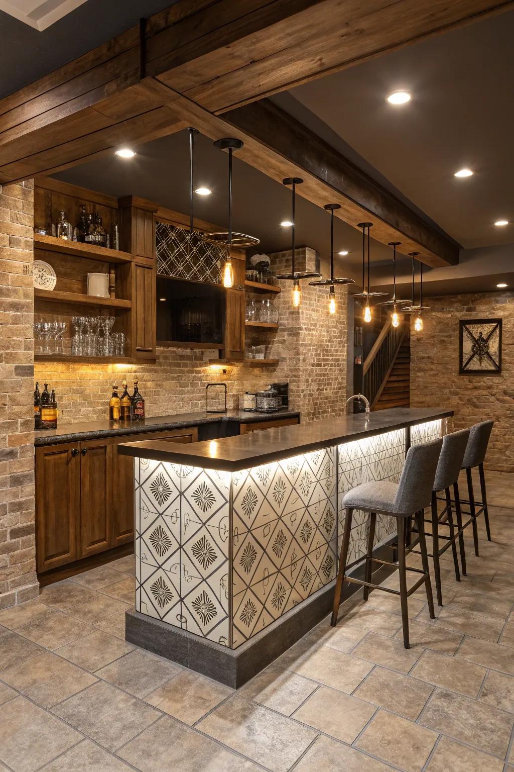 A distinctive backsplash adds personality to your basement bar.