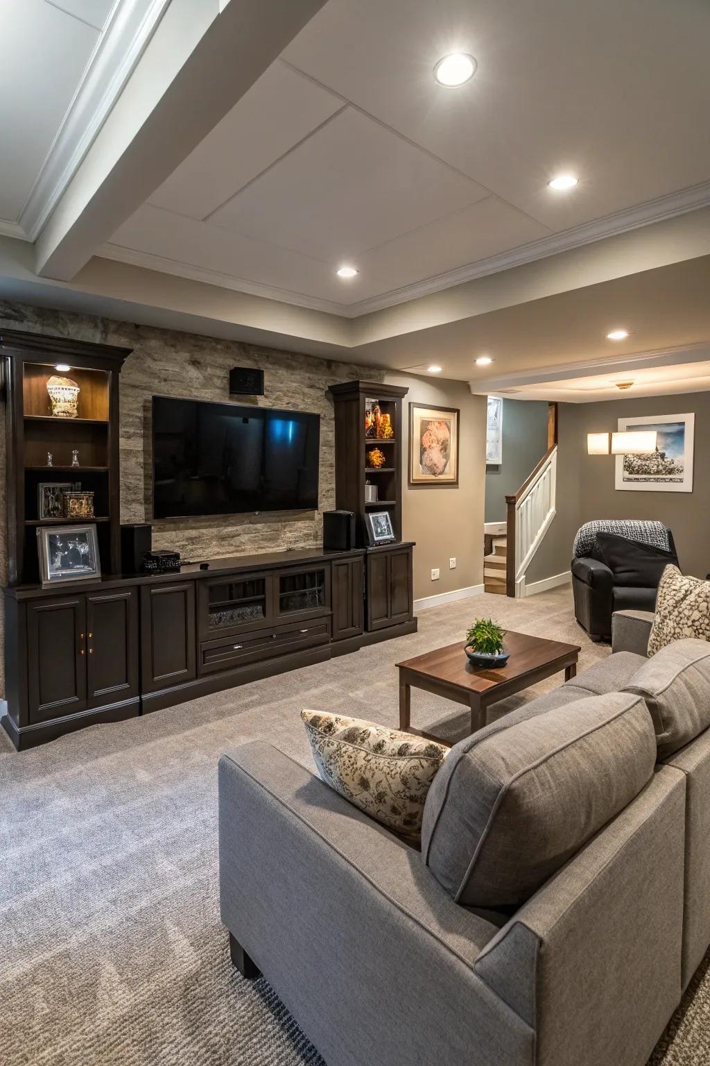 An entertainment hub functions as the focal point of this family-oriented basement.