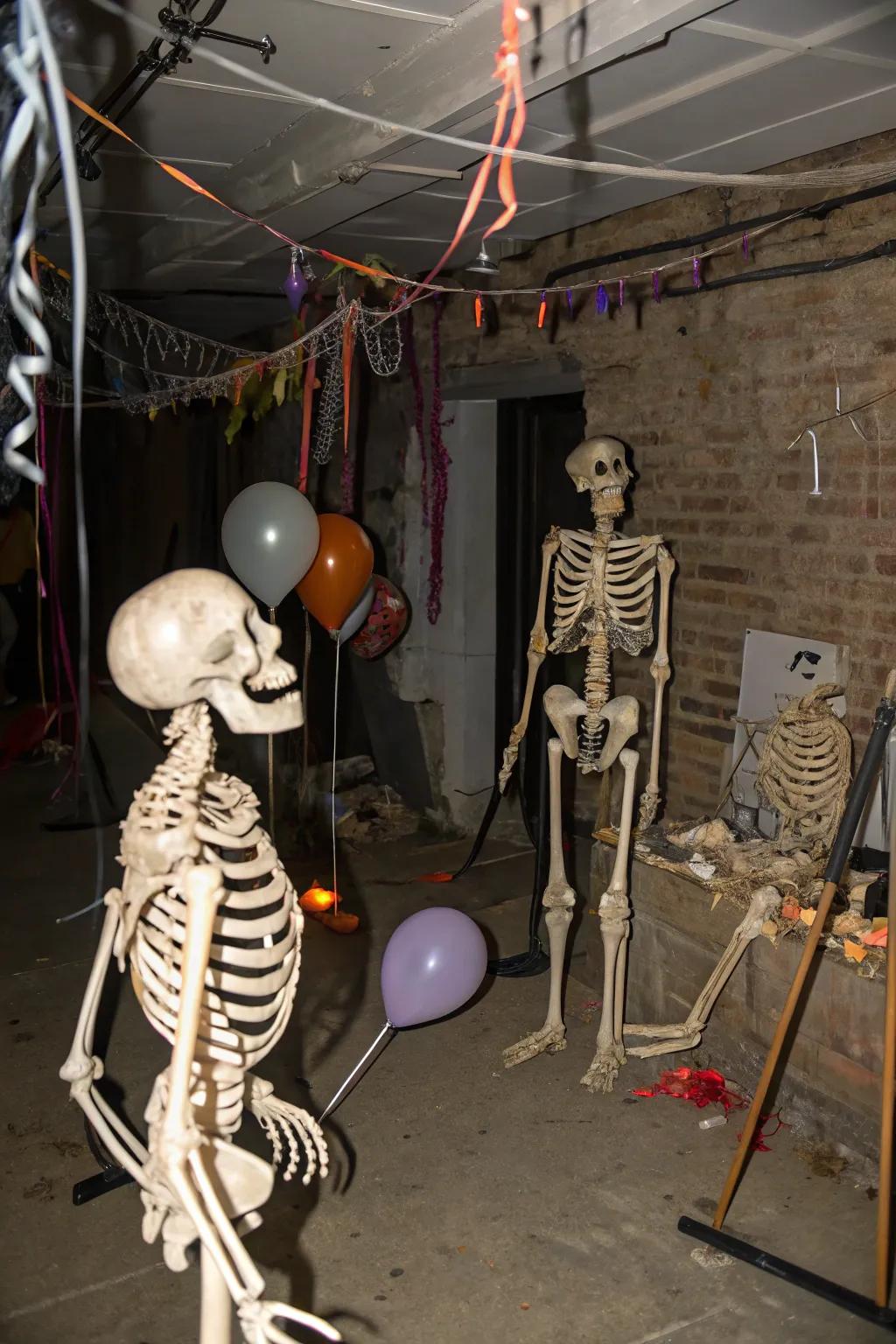 Skeletons provide an eerie and amusing mood for your party.
