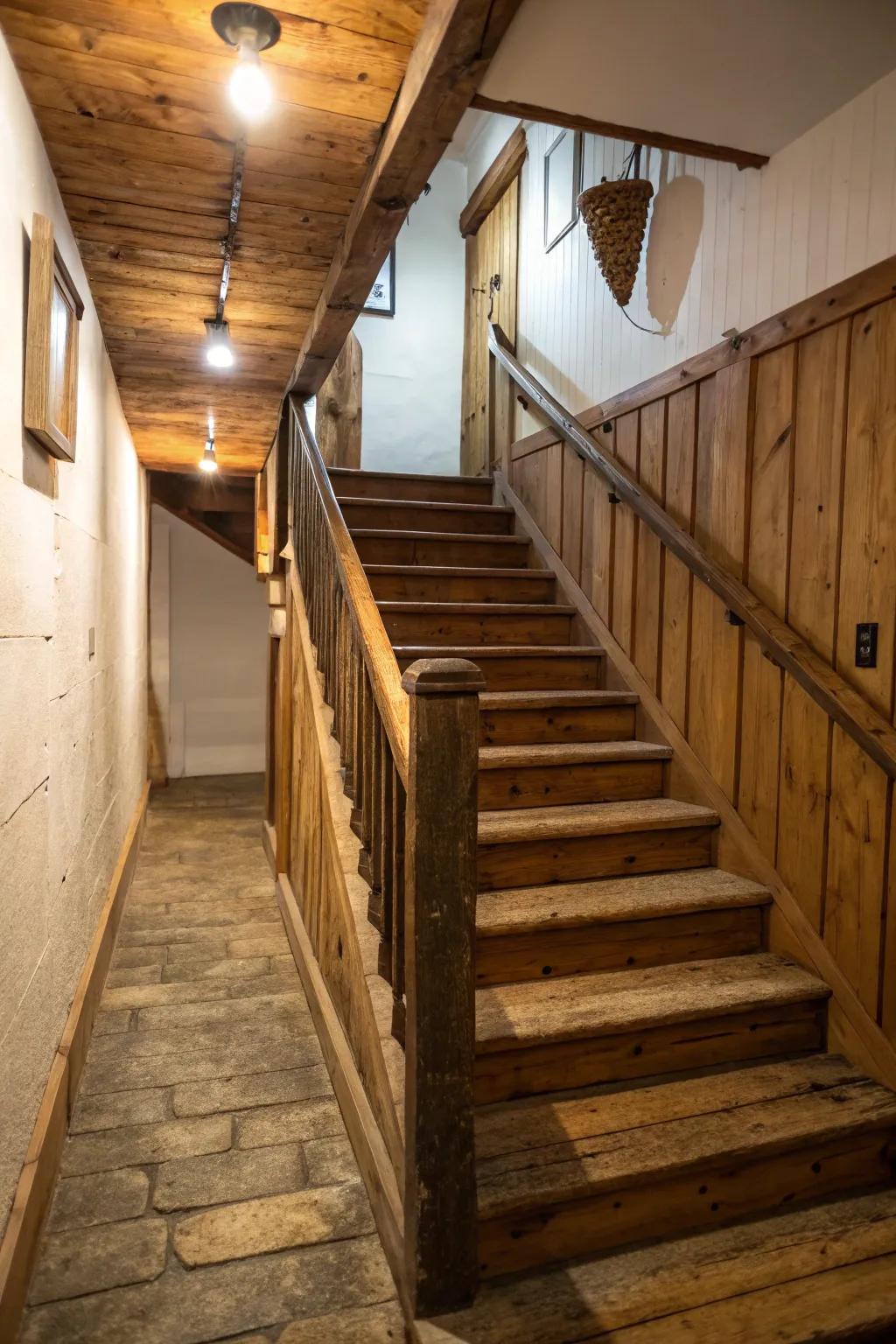 Nature inspired wood features contribute warmth and allure to the stairway.