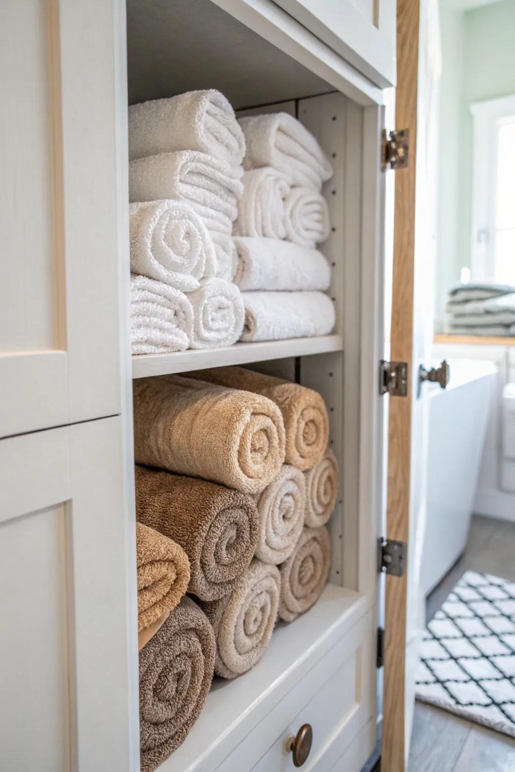 Rolled towels give your closet an ambiance reminiscent of a spa.