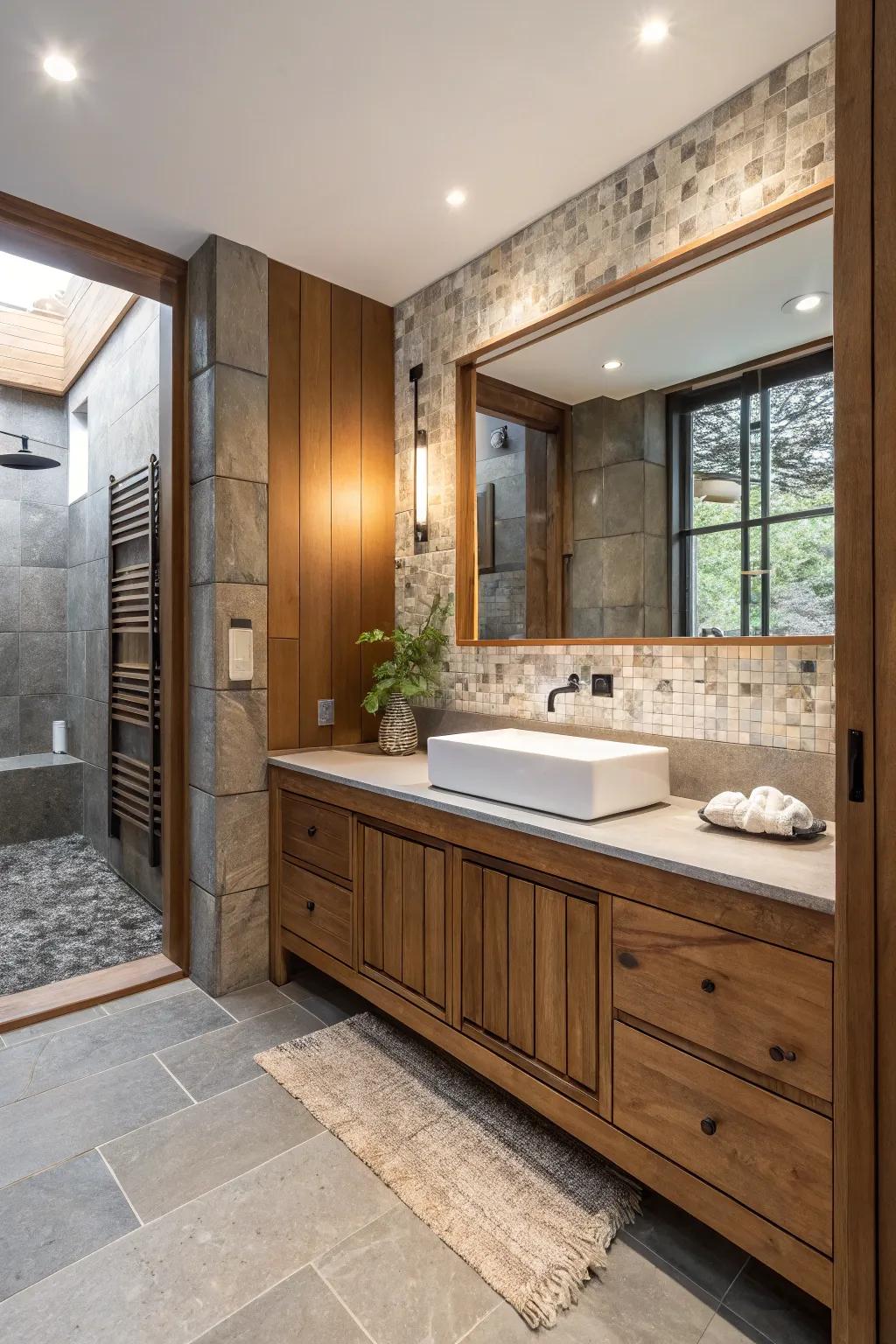 Mix materials to introduce texture and depth to your bathroom style.