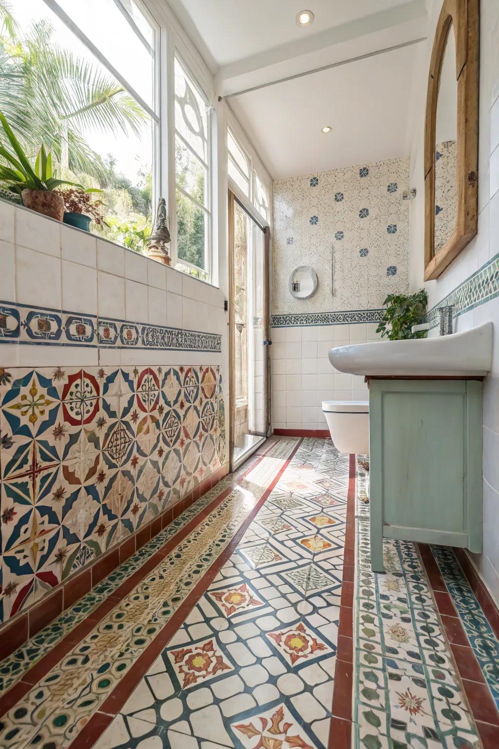 A bathroom showcasing intricate block patterns that impart individuality and allure to the area.