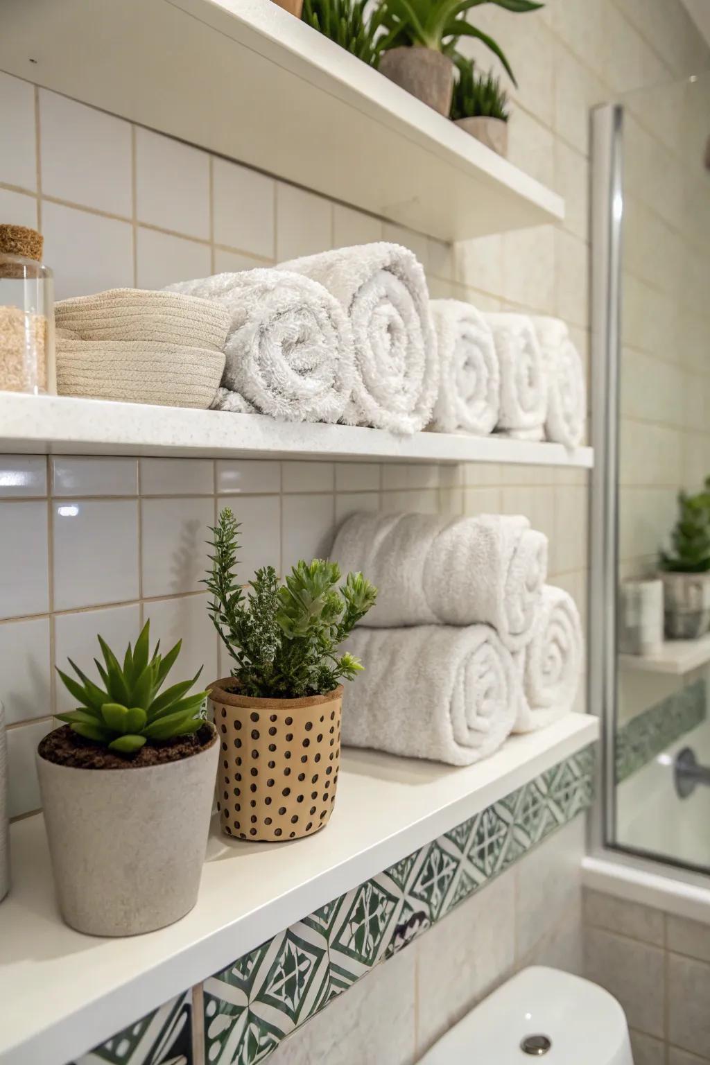 Use rolled towels on shelves to combine style and utility.