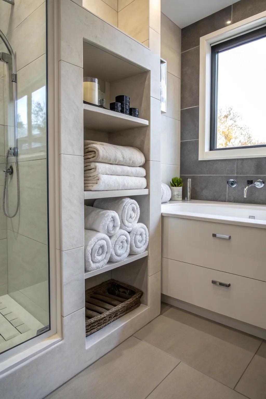 Built-in recesses infuse elegance and practicality to towel storage.