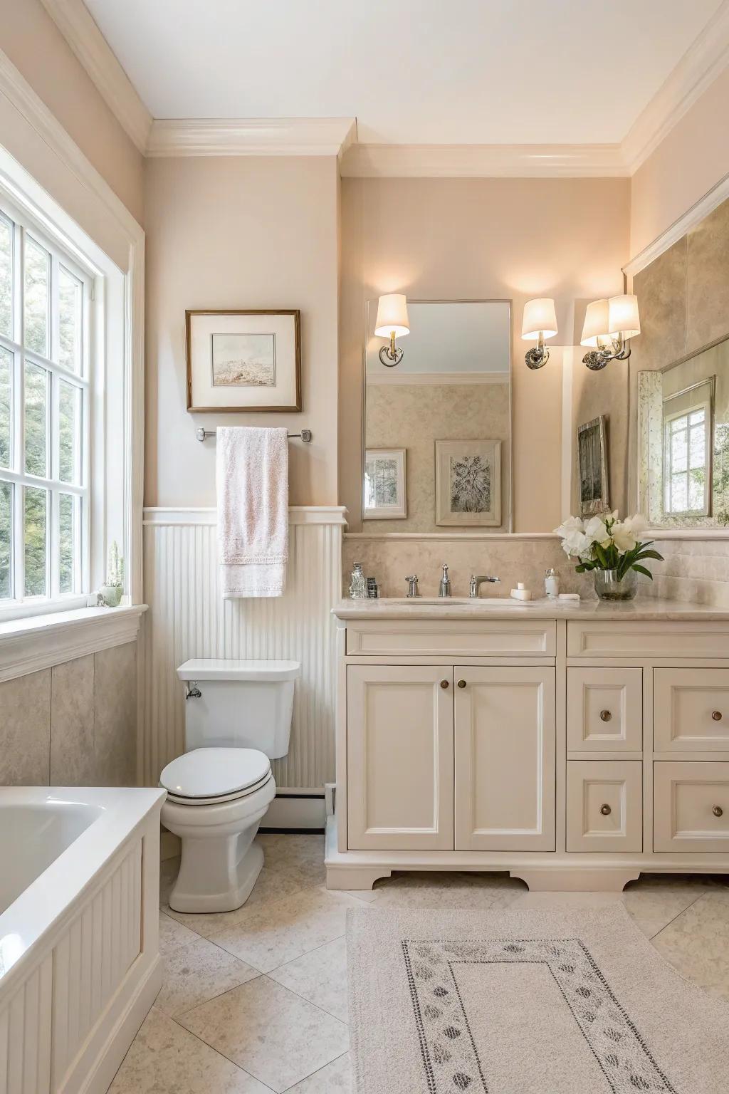 Neutral trim fosters a calming and spa-like environment.