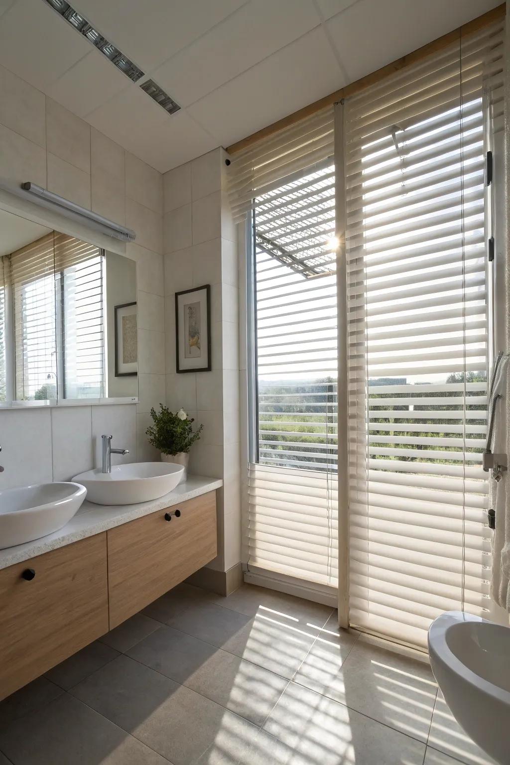 Adaptable louvers delivering adjustable illumination and solitude in the restroom.