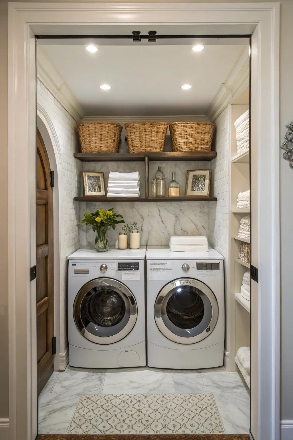 Alcove smartly utilized to accommodate laundry appliances.