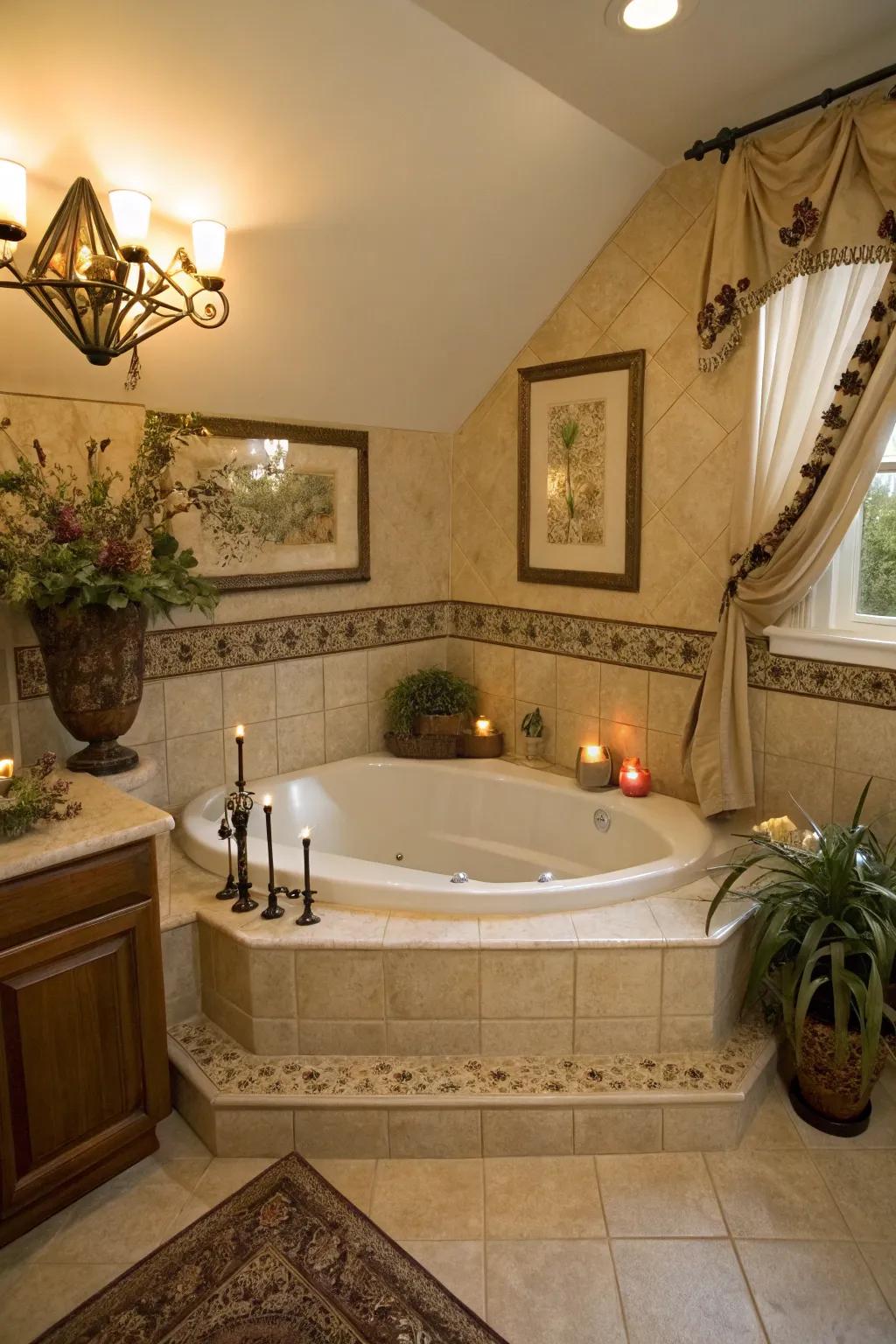 Maximize your space with a chic angled bathtub design.
