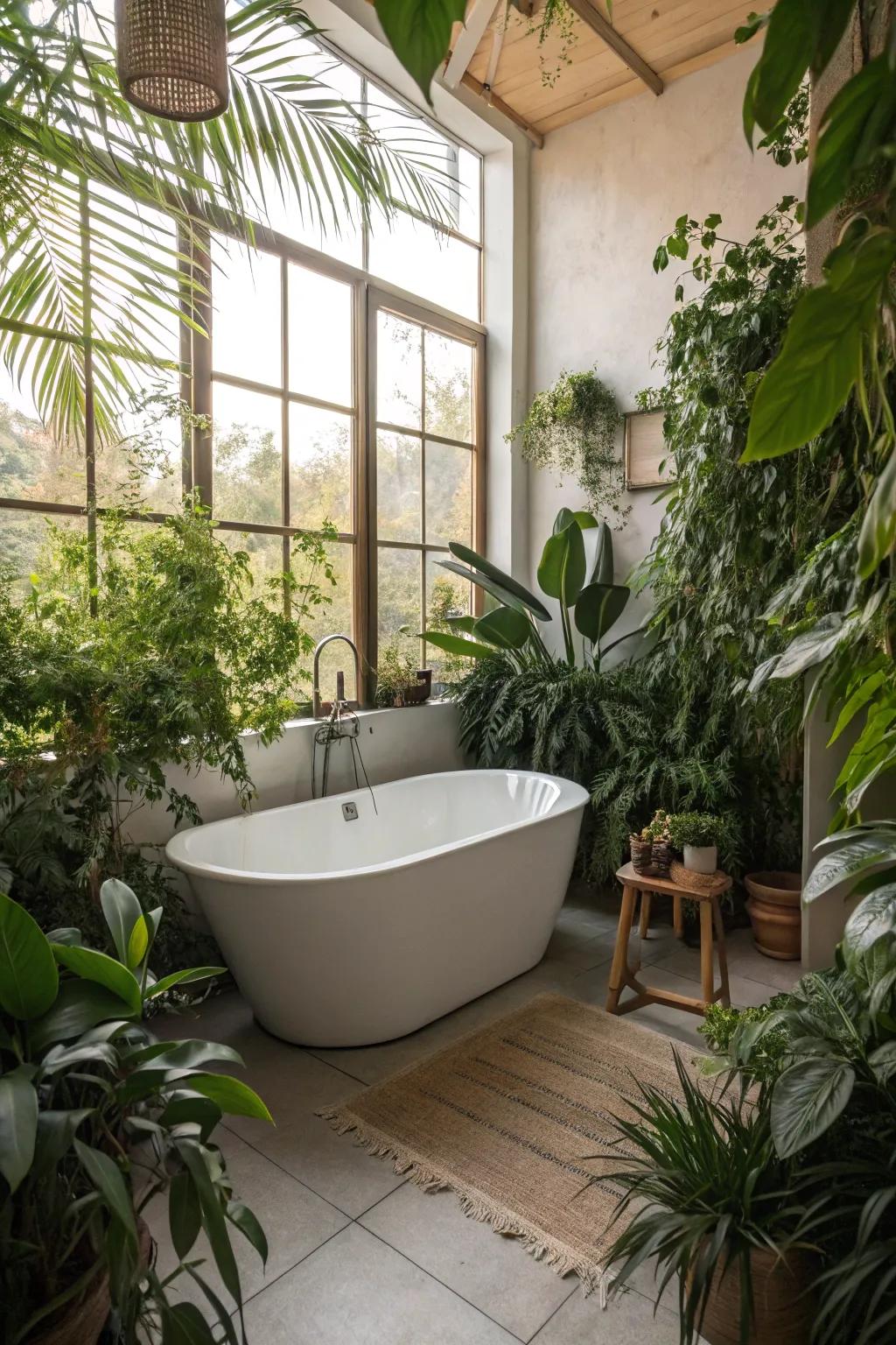 Verdure adjacent to the bathtub lends a refreshing touch.