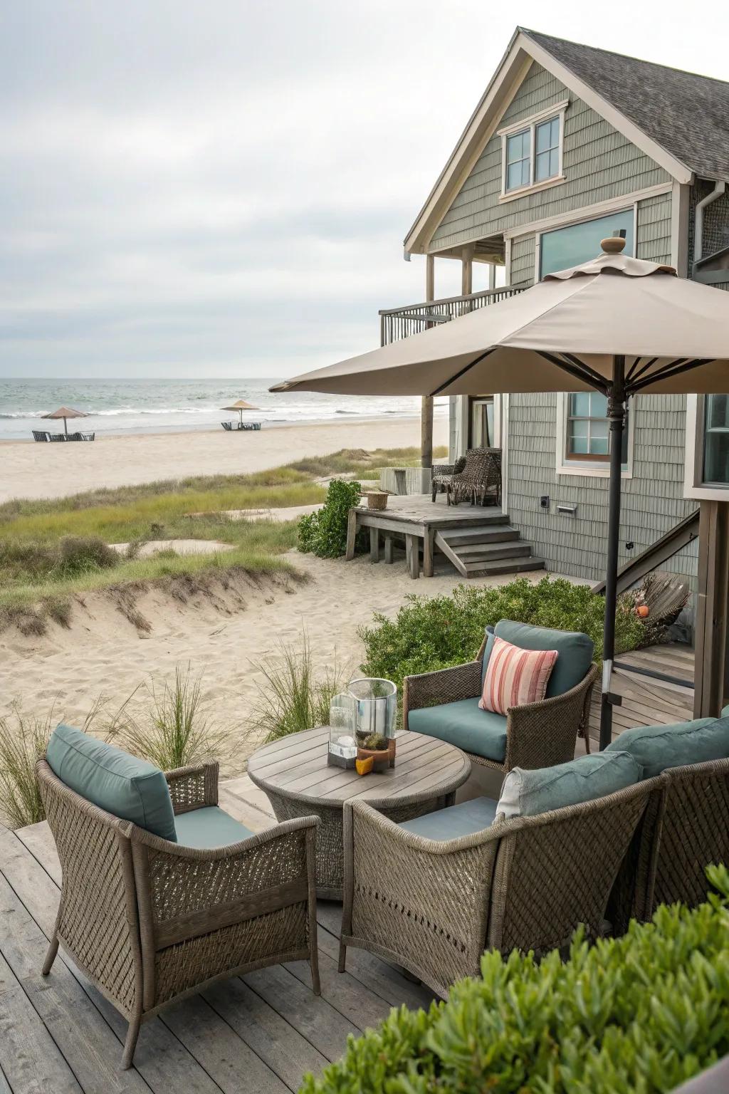 Appealing exterior seating spot suited for beachside relaxation.