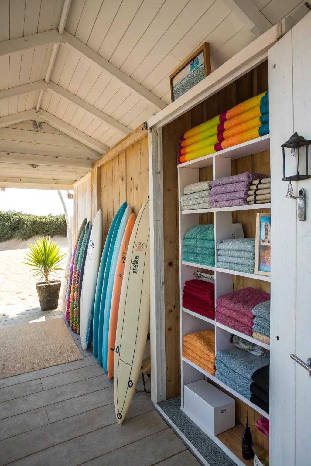Thoughtful storage designs ensure beach necessities are well-organized and easily available.