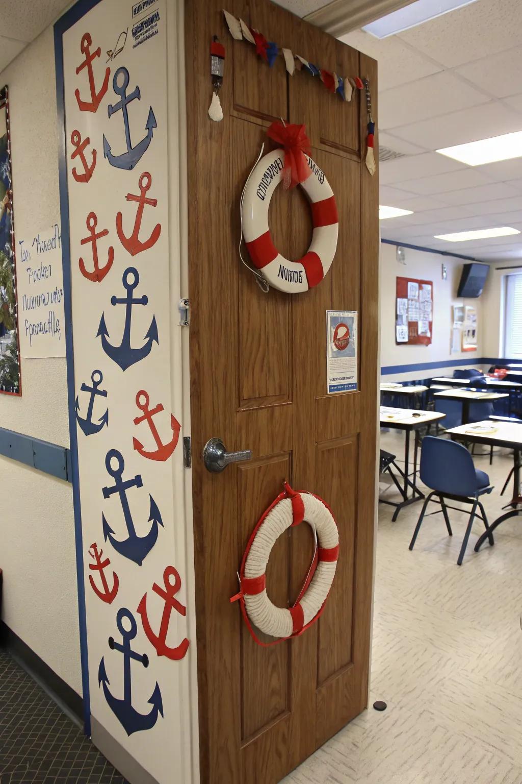 Classroom entrance showcasing nautical motifs for a traditional coastal ambiance.