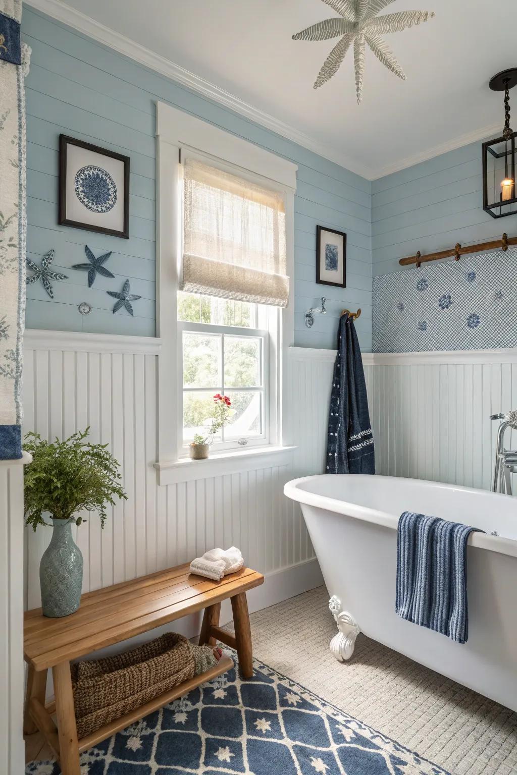 Establish an ocean-like setting via seaside-inspired panel artistry.