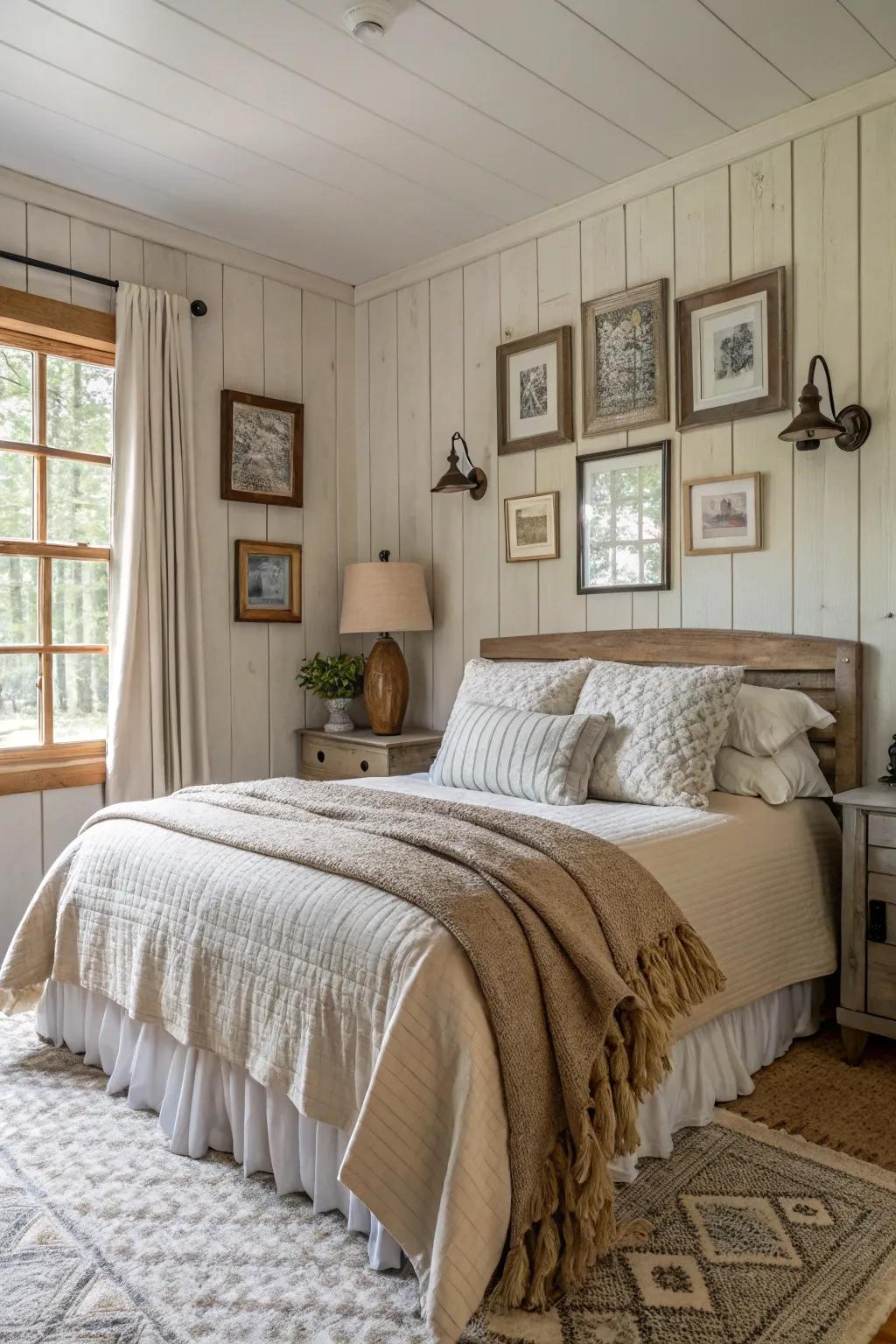 A cozy bedroom with <strong>beadboard</strong> walls in neutral tones.” loading=”lazy” class=”pimg”>
	</picture><figcaption>A cozy bedroom with <strong>beadboard</strong> walls in neutral tones.</figcaption></figure>
<p>Take a little bit of the countryside into your residence with <strong>beadboard</strong> walls in <strong>delicate, neutral tones</strong>. This appearance is wonderfully effective in a bedroom, where it contributes warmth and appeal.</p>
<h3>Might be a good match:</h3>
<ul class=