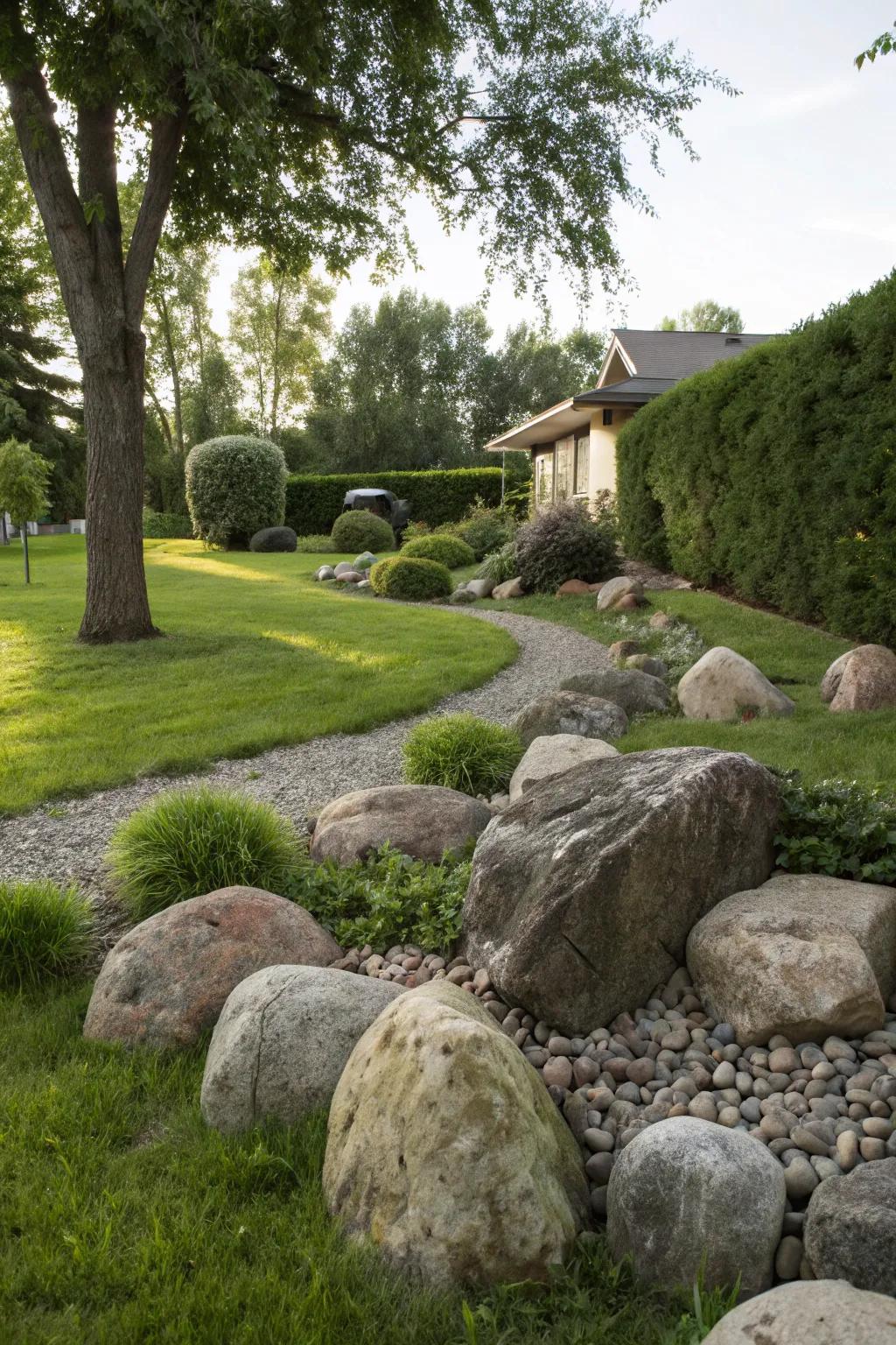 Rocks adding natural composition and interest to the garden.