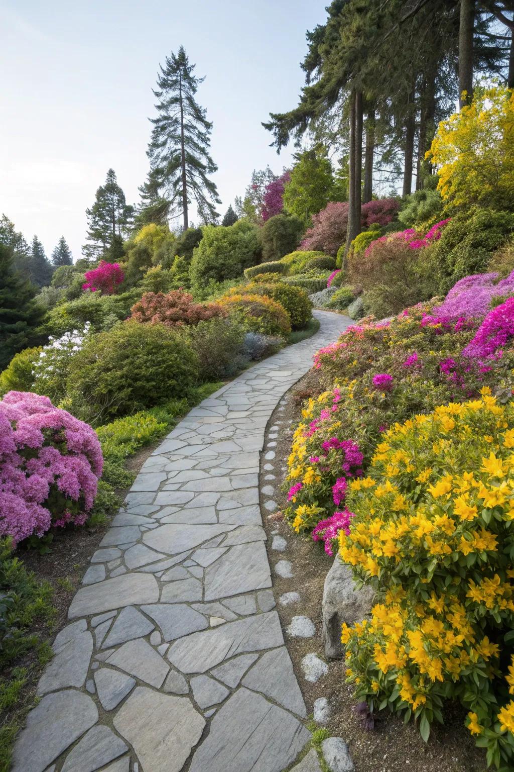 A stone pathway gracefully meanders through a vibrant and flourishing garden.