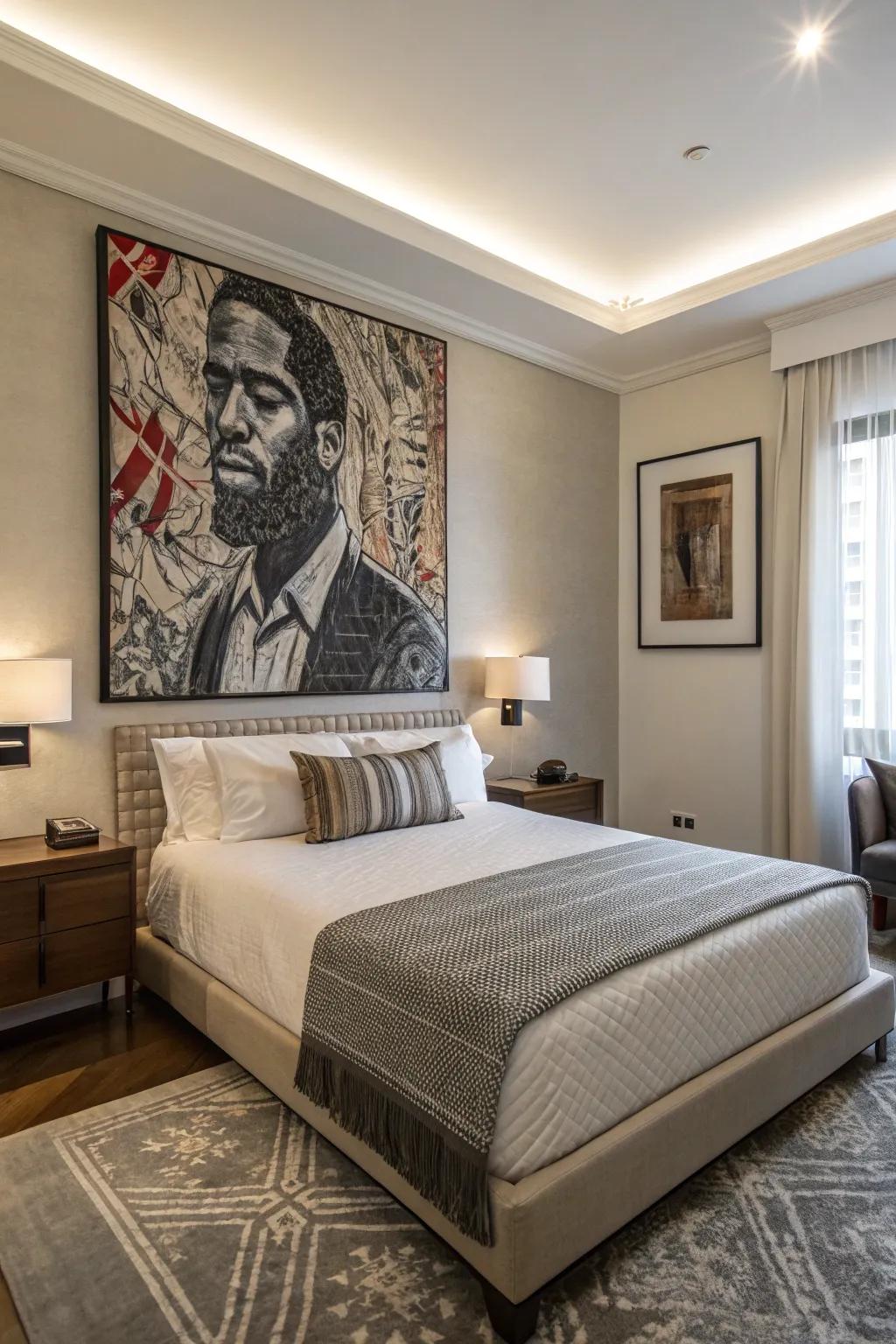 Striking fine art acts as an alluring point of focus in this bedroom.