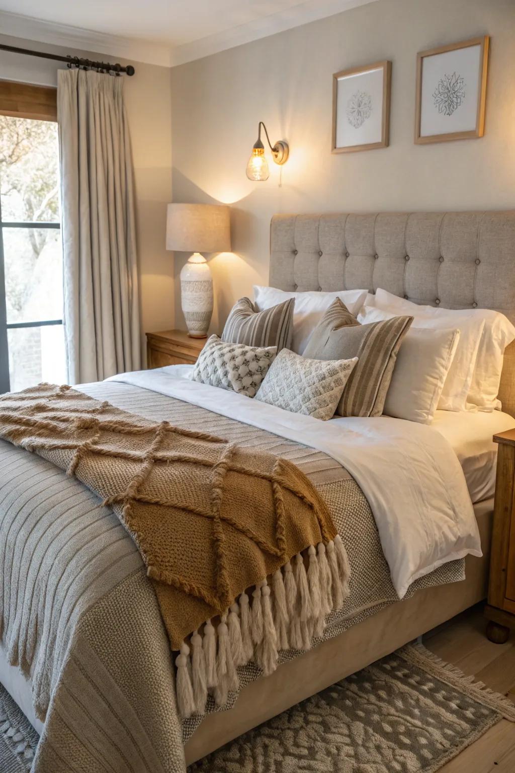 Layered bedding delivers opulence and comfort to this bedroom.