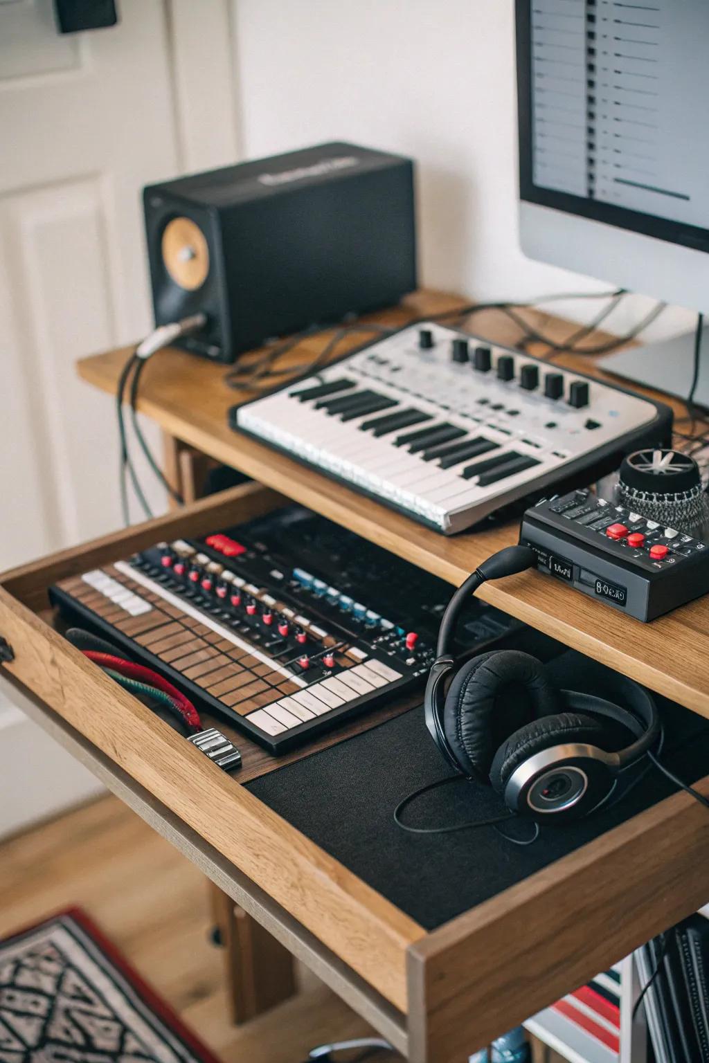A space-saving desk with storage keeps your studio orderly and effective.