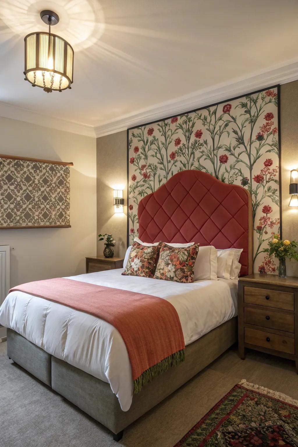 A bedroom displaying a remarkable feature wall and headboard.