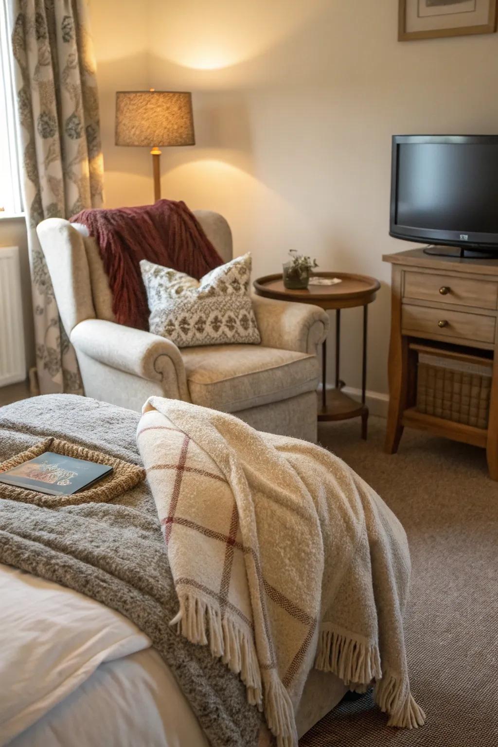 Sumptuous textiles contribute warmth and comfort to your TV sitting space.