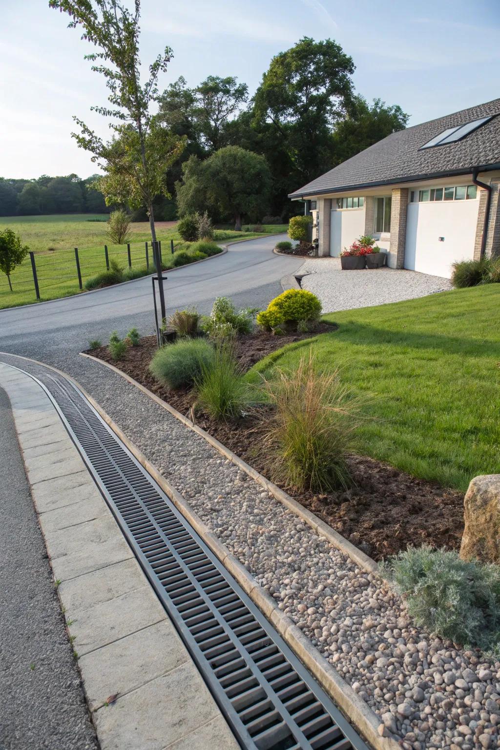 A driveway with a subtle yet highly effective water management design to control water movement.