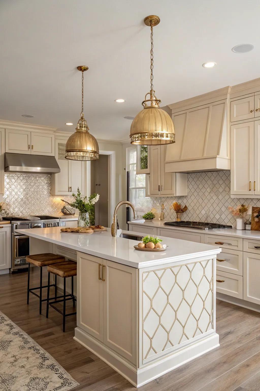 Brass hanging lights introduce warmth and elegance to the area.