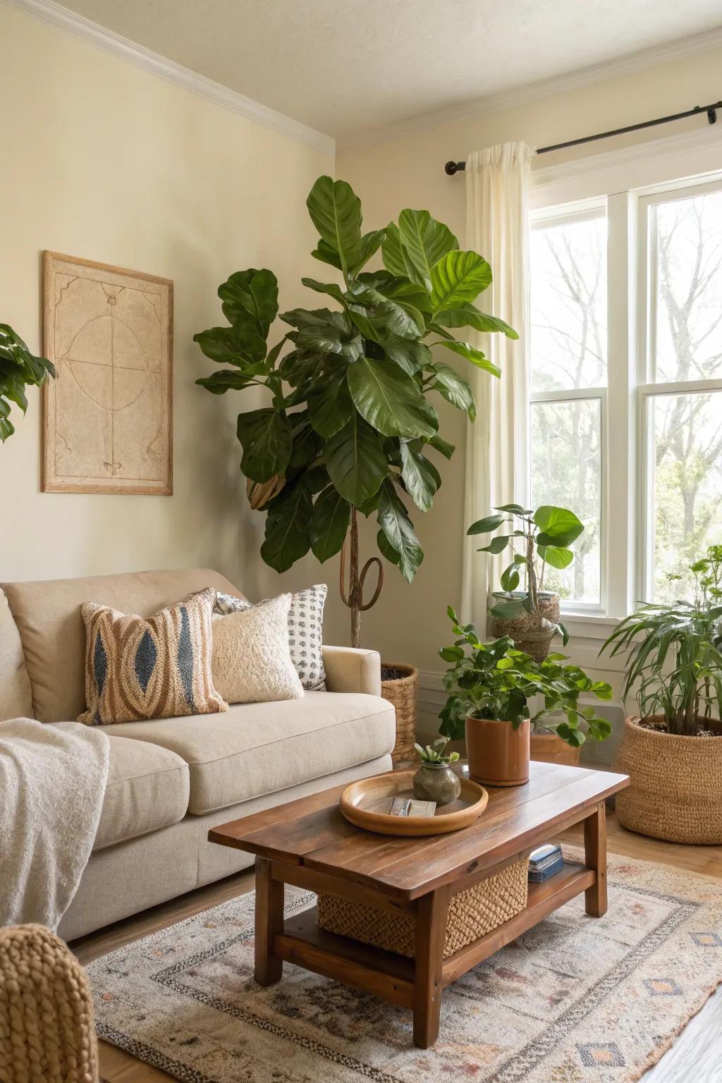 Greenery creates a vibrant atmosphere in beige spaces.